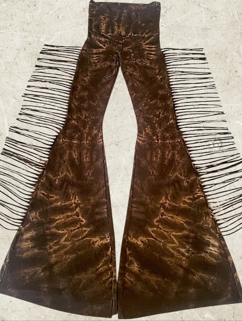 SHORT LENGTH Hiphugger Fringe Bell Bottoms in BROWN TIE DYE Rocker Festival Boho - Picture 3 of 14